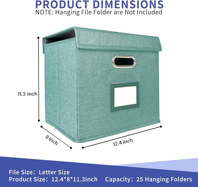 2 Pack Hanging File Folder Box with Lid, Durable Letter Size Filing Storage Box, Sturdy File Holder with Cardboard Support PVC Rails for Office Home Organizer, Green