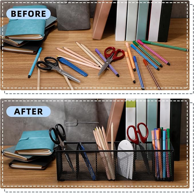 Teling 2 Pcs Mesh Desk Organizer Metal Mesh Pen Holder 6 Compartments Desktop Stationery Pencil Caddy Organizer Basket(Black)