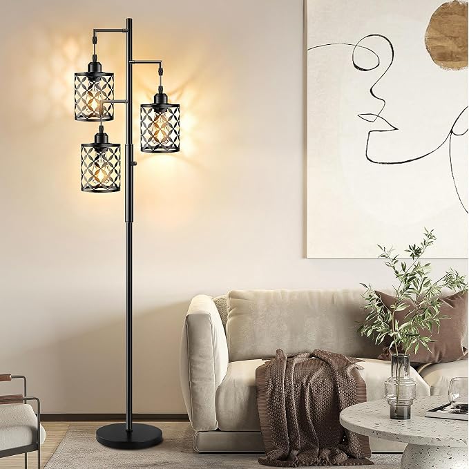 Dimmable Floor Lamp, Farmhouse Standing Lamp with Elegant Metal Cage, Industrial Tall Tree Floor Lamps for Living Room Bedroom Study Room Office, 3 x 800LM LED Bulbs Included - 68", Black