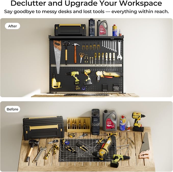 EUREKA ERGONOMIC Desk Pegboard Dual Monitor Stand 43x34 Black | Steel pegboard with dual monitor stands, privacy panel and 4 modular accessories for organized gaming and office setups