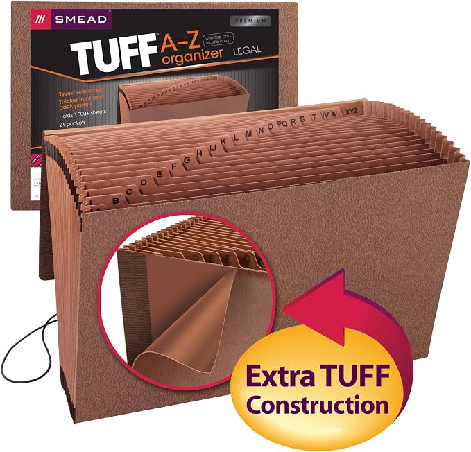 Smead TUFF Expanding File, 21 Pockets, Alphabetic (A-Z), Flap and Cord Closure, Legal Size, Redrope (70320), Pack of 1