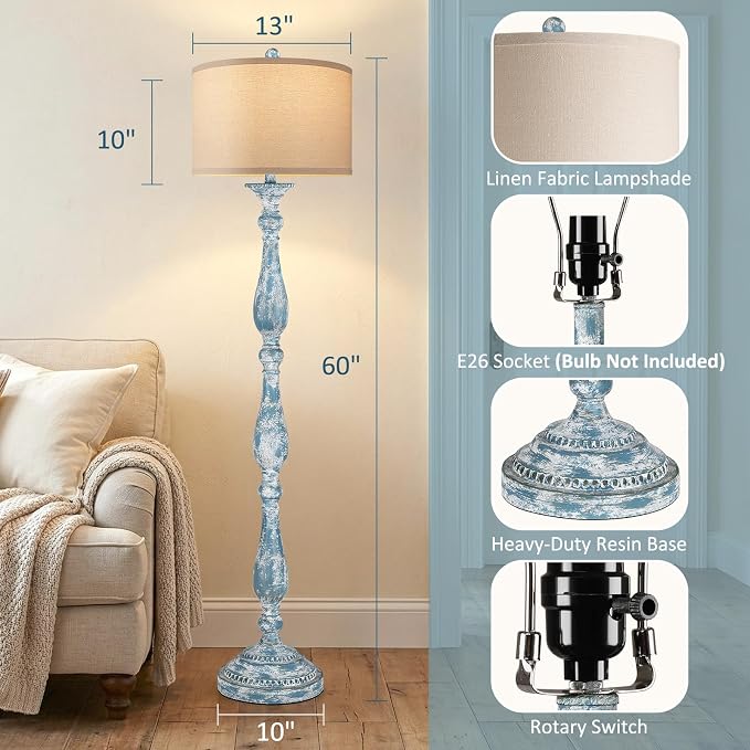 Vintage Floor Lamp for Living Room, Rustic Farmhouse Standing Lamp with Rotary Switch and Linen Shade, Retro Resin Floor Lamp for Bedroom, Corner, Dining Room, House Decor, Wash Blue