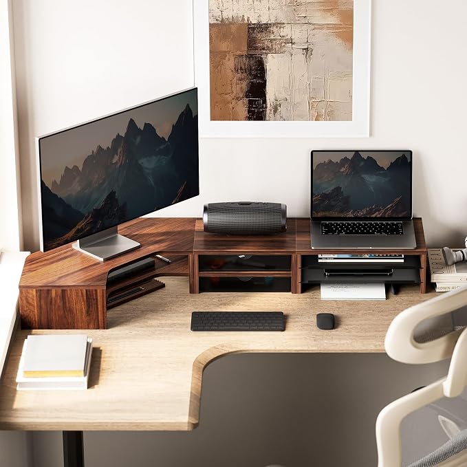 Fenge Dual Monitor Stand, Corner Desk Shelf with Drawer & Slide-Out Tray | Modular Design for Flexible Layouts, 2-Tier Storage Desktop Organizer for Computer, Laptop, Printer and Telephone