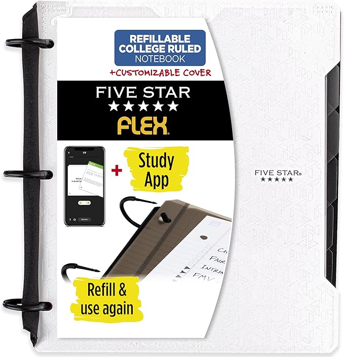 Five Star Flex Refillable Notebook + Study App, College Ruled Paper and 1 Inch TechLock Ring Binder with Customizable Cover, Pockets, Tabs and Dividers, 200 Sheet Capacity, White (29326AE2)