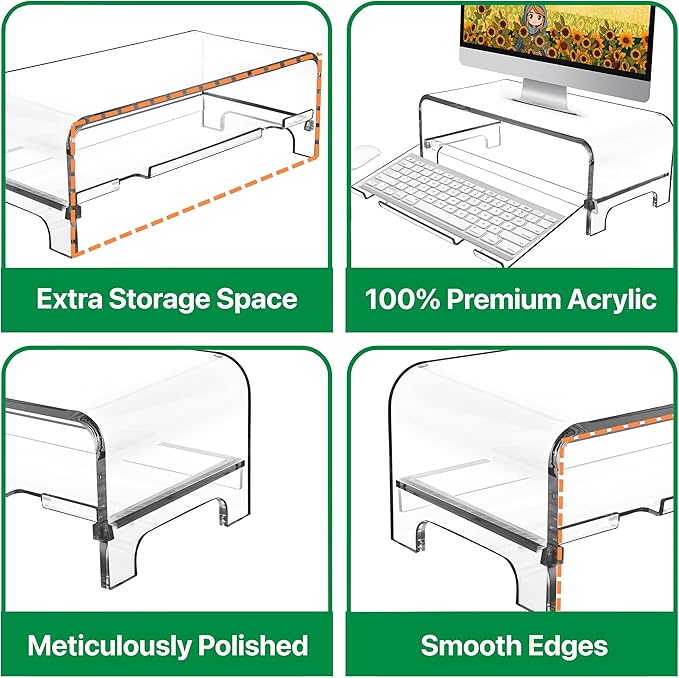 AMT 2 Tier 5.7 Inch High Acrylic Laptop Monitor Stand & Computer Riser with Cat Keyboard Protector, Space-Saving Design, Extra Storage, Clear Shelf - Ideal for Monitors, Laptops, Printers, Desktop