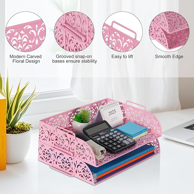 EasyPAG Paper Organizer for Desk 2 Tier Stackable Paper Tray for A4 Legal Size Folders Metal File Storage Desktop Organizer for Home Office School Teacher, Pink
