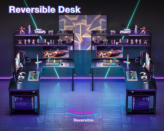 ODK L Shaped Gaming Desk with Hutch, Computer Desk with Storage Shelves, 66" L Shaped Desk for Home Office, Corner Desk with Headphone Hook, Black | Computer Desk with Storage Shelves, L Shaped Desk for Home Office, Black Corner Desk