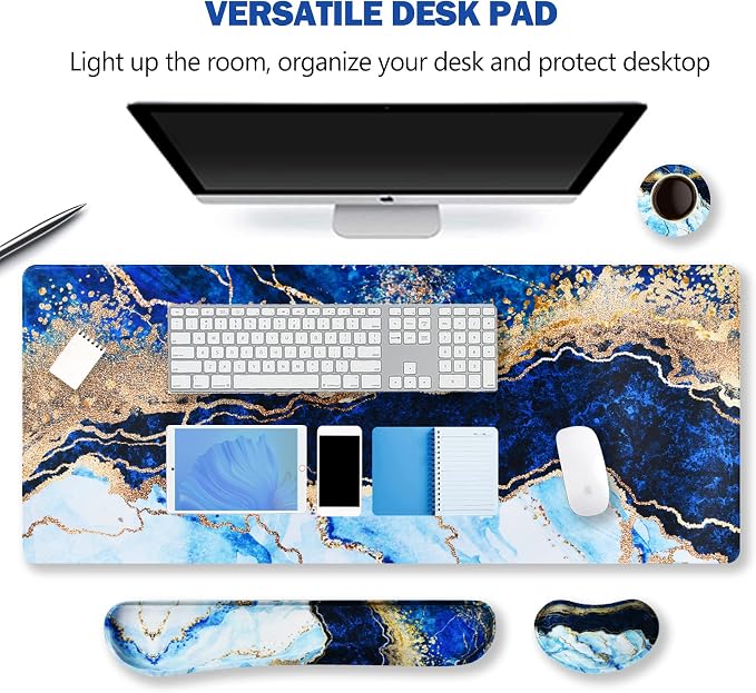 Large Gaming Mouse Pad, Keyboard Wrist Rest Pad & Wrist Support Mousepad Set, Stitched Edge, Extended, Non-Slip Base, Memory Foam,Multifunctional Desk Mat 4pcs for Office & Home, Blue Marble