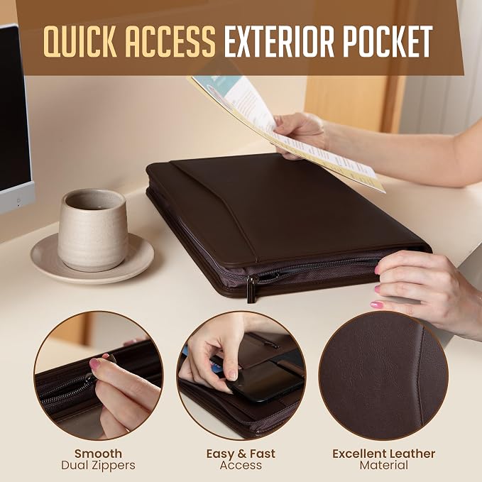 STYLIO Zipper Portfolio | Padfolio 3 Ring Binder (1") and Clipboard Folio (Removable) | Portfolio Organizer for Documents, Tablet, Phone |Faux Leather Binder for Men and Women | Walnut (Brown) Color