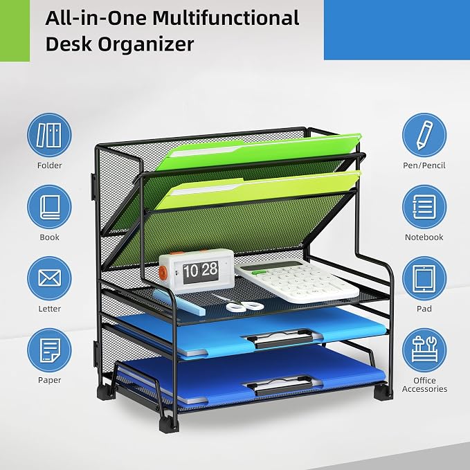 MINDEPOT 4-Tier Paper Organizer + 3-Pocket File Holder, Desktop File Organizers Paper Tray for Office School Classroom Workspace Organization (Black Desk Organizer, No Drawer & No Pen Holder)