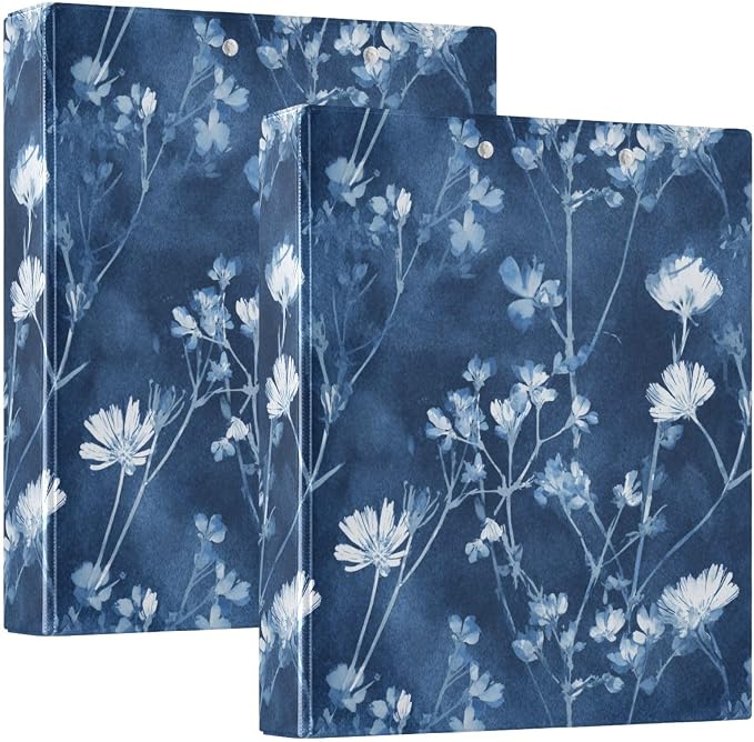 Tie-dye Blue and White Floral Binder 3 Ring 1.5 Inch Binder with Clipboard&Pockets, Hardcover Binders Heavy Duty Large File Folder for Office School Supplies - Holds 200 Sheets,2 PC