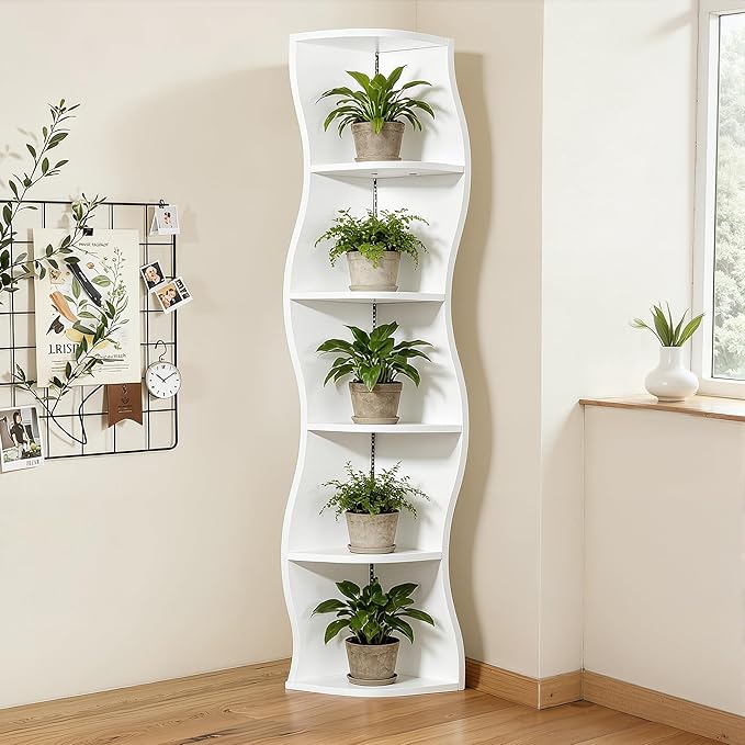 VECELO 6-Tier Compact Wave Corner Bookcase with LED Lights, Small Narrow Freestanding Bookshelf for Small Spaces, Living Room, Bedroom, Home Office (White)