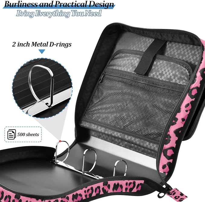 Custom Hot Pink Black Leopard Print 3 Ring Binder Bag 1.5 inch Personalized Name Binder Organizer 500 Sheet Documents Storage for School Office