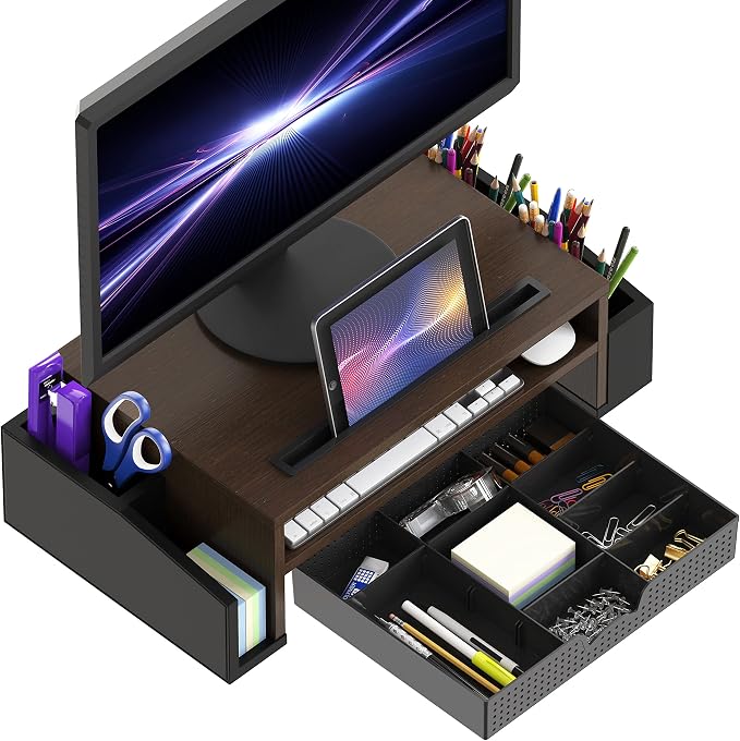 Simple Houseware Desk Monitor Stand Riser w/ Adjustable Tray, Espresso | Built-In Tablet Slot and Side Storage