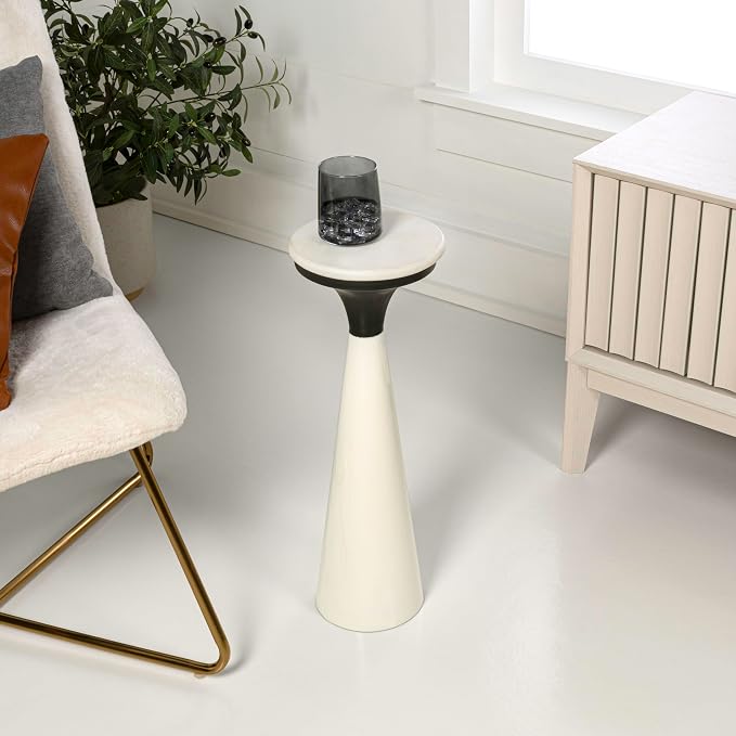 JONATHAN Y Oliver 8" Round Marble Pedestal Drink Table, White/Black | 22.25" High Modern Martini Cocktail Accent Stand, Small Side Furniture, No Assembly, Mid-Century Glam Style
