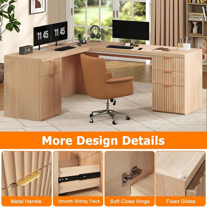 69" Fluted L Shaped Executive Desk with Power Outlets & File Drawer, Modern Wood L Shaped Office Desk with Storage Cabinet and Drawers, Large Corner Desk Computer Writing Desk for Home, Natural Oak