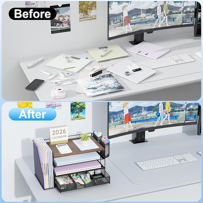 gianotter Desk Organizers and Accessories with File Holder, 4-Tier Desk Accessories & Workspace Organizers with Drawer and 2 Pen Holder, Paper Organizer for Office Supplies (Wood)