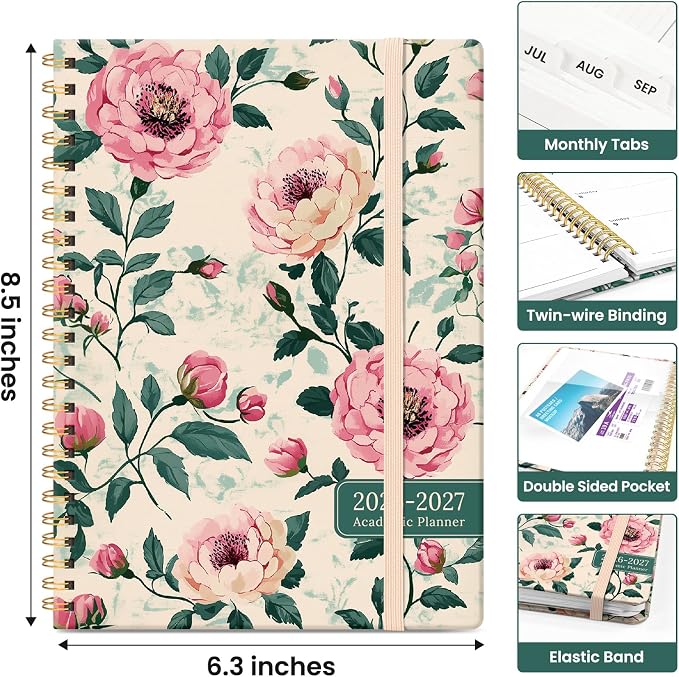 Taja Planner 2026-2027, Jul 2026-Jun 2027 Monthly & Weekly Calendar Planner | 6.3" x 8.5", Hardcover Academic Calendar, Teacher Student Agenda Book with Tabs, School Office Supplies, Blush Peony