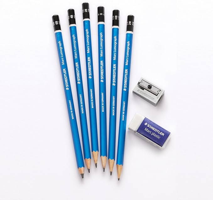 STAEDTLER Mars Lumograph Graphite Artist Sketching Set, 6 Pencils (6B, 4B, 2B, B, HB, 2H), Mini Mars Plastic Eraser, Metal Sharpener