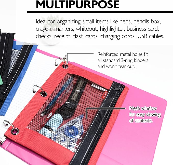 BAZIC PRODUCTS 3-Ring Pencil Pouch with Clear Mesh Window, 4-Set | clear mesh window and a zipper closure for pens, pencils, supplies