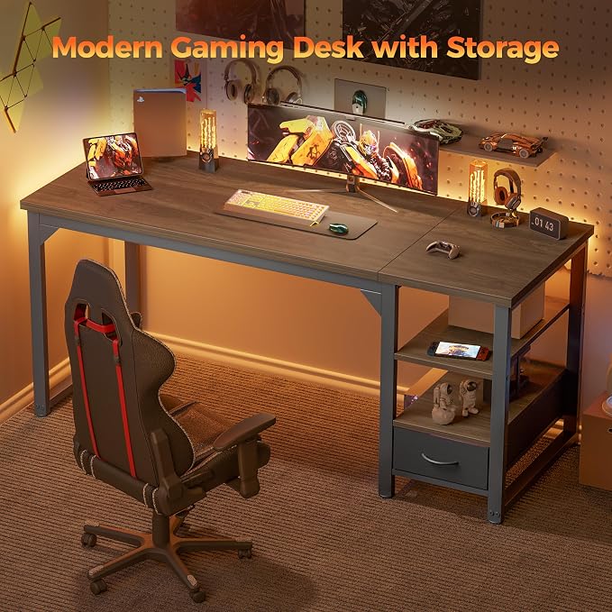63 in Computer Desk with Drawer, 1" Thick Reversible Office Desk | Large Modern Writing Table with Storage Shelves, Heavy Duty Industrial Executive Desk for Home Bedroom Study Work