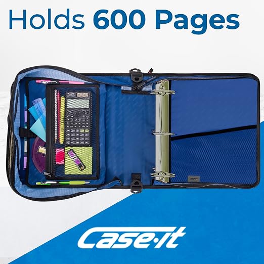 Case-it School Zipper Binder | 3" O-Rings | 600-Sheet | D-146 Desert Night | Mighty Zip Tab, 5-Subject Expanding File Folder, Multiple Pockets, Storage Organizer, Shoulder Strap, Office