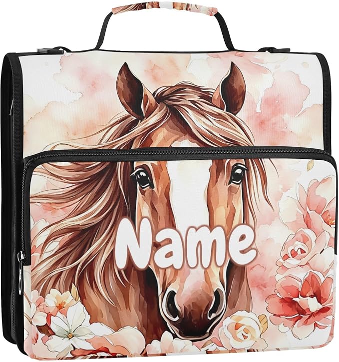 Custom Brown Horse Watercolor Flower 3 Ring Binder Bag 1.5 inch Personalized Name Binder Organizer 500 Sheet Documents Storage for School Office
