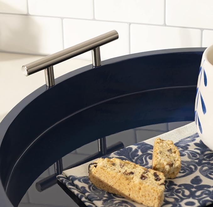 Kate And Laurel Lipton Modern Round Tray; 15.5 Diameter; Navy and Silver; Decorative Accent Tray for Storage and Display