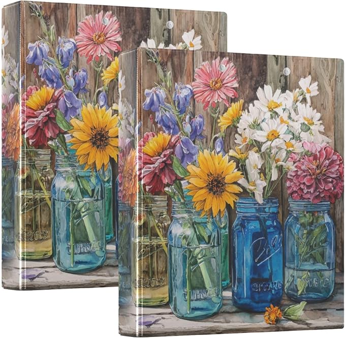 Wildflower Glass Jar 3 Ring Binders 1.5 Inch Clear View Three Ring Binders Versatile Binder for Work School Office Supply 1 Pack