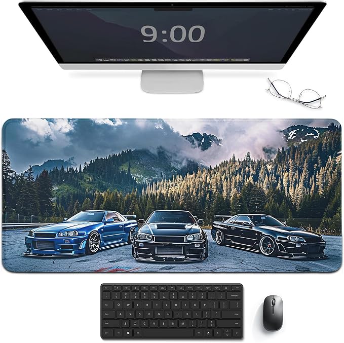 R34 JDM Car Large Mouse Pad Gaming Sport Car Mousepad Stance Mountain Landscape Car Desk Mat Extended Keyboard Computer Pad Office Desk Organizers and Accessories 35.4 x 15.7 Inch