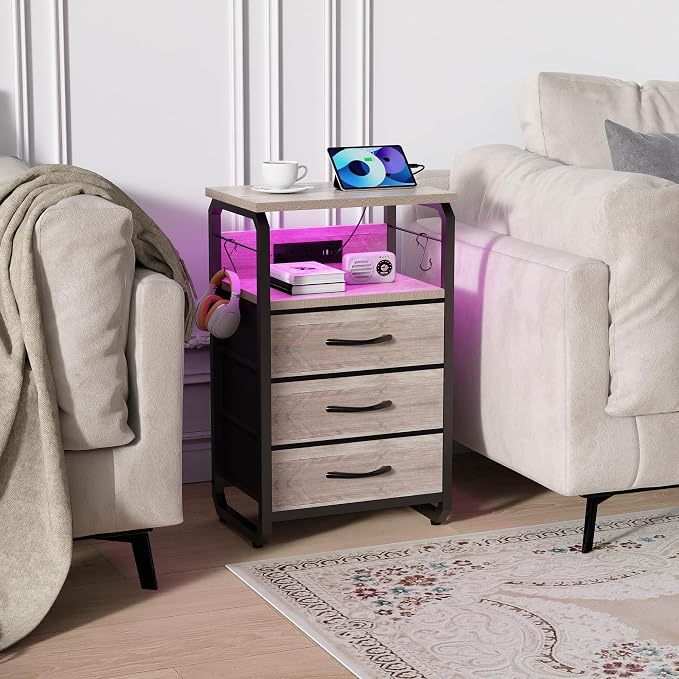 runjuly End Table Small with LED Light, Charging Station, and Hooks, Beige | 3 Fabric Drawer Storage, Type C & USB Ports & Power Outlets, Wooden Metal Nightstand, for Living Room / Bedroom / Dorm