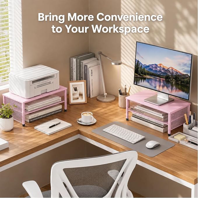 2-Tier Computer Monitor Stand Riser, Laptop Stand for Desk, Desk Organizer for Office, Home and School Supplies, Pink