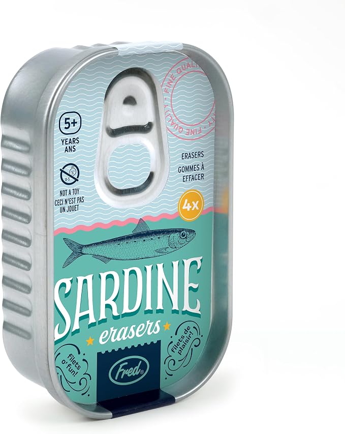 Genuine Fred Sardine ERASERS, Set of 4 Fish-Shaped Erasers, Quality Materials, Fun Desk Accessory, Packed in Charming, Well-Designed Sardine Tin, Perfect for School, Home, Office, and Gifts