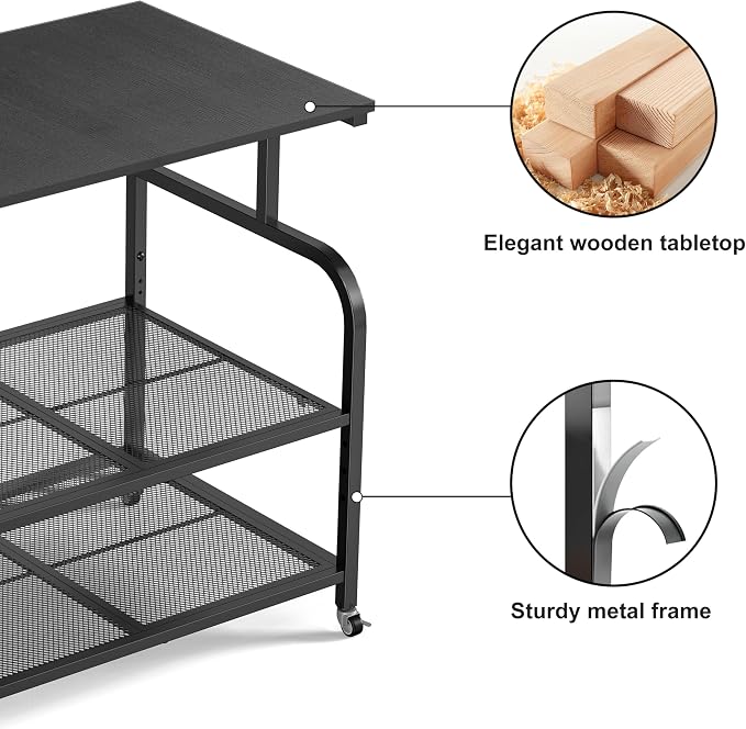 niffgaff Mobile Printer Stand with Large Desktop - 3 Tier Shelf, 24.4 Inch Height, Wooden Organizer for Home&Office, Black