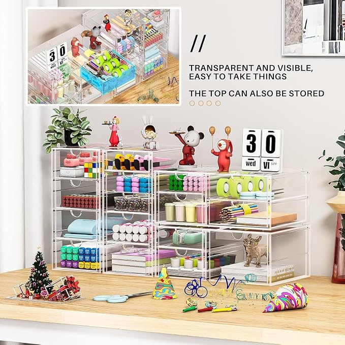 4-Pack Acrylic 16-Drawer Storage & Makeup Organizer for Desk | Smooth-glide drawers, clear acrylic, stackable, dustproof, wipe clean, for office supplies, pens, jewelry, makeup