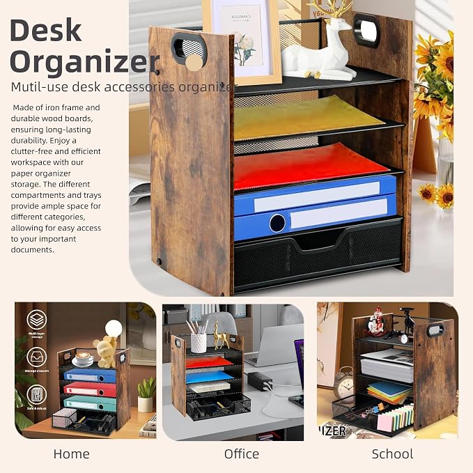 Desk Organizer, 5-Tier Desktop File Organizer with Drawer, Wooden Paper Tray Organizer, Office Desk Organzier and Accessories for Papers, Mail, Notebooks, Stationery