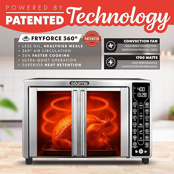 Gourmia French Door Air Fryer Toaster Oven – 6-Slice Capacity, FryForce 360°, Digital Display with 17 Cooking Presets, Stainless Steel