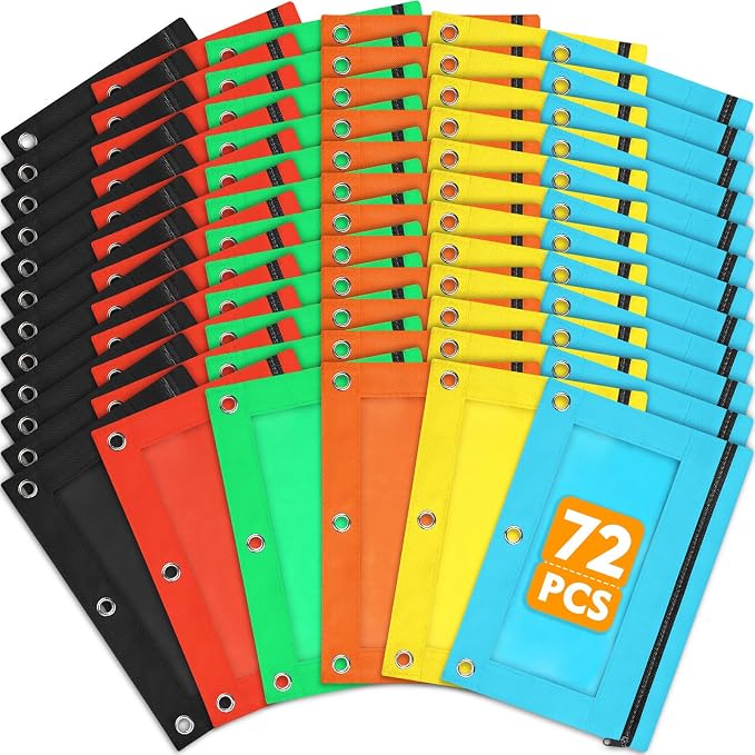 72 PCS 3 ring pencil pouches bulk in 6 Colors, School Classroom Supplies | Pencil Pouch for 3 Ring Binder, Zipper Pencil Pouches with Clear Window for Classroom Office School Supplies