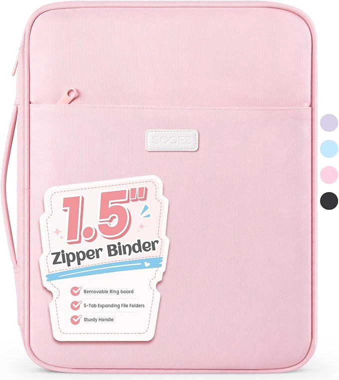 Sooez Zipper Binder Bag, 1.5 Inch Binders 3 Ring O-Ring, 5-Tab Dividers | Expanding File Folder, 650-Sheet Capacity Paper Organizer, Cute Organizer Storage for Student School Classroom Supplies, Pink