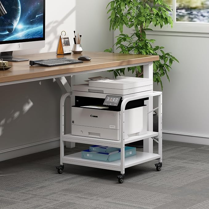 Fannova Large Printer Stand for Under Desk Storage, Adjustable Top Shelf | Table Top 20"x20", Fits 3D/Laser Printer, Easy Roll Industrial Wheels, Heavy Duty 2 Tier Printer Cart for Home Office, White
