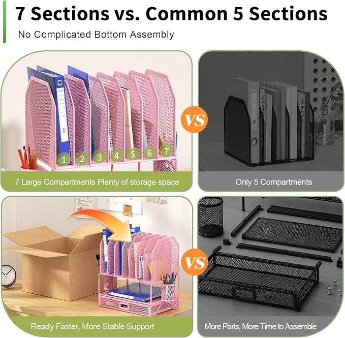 FANXIYQ Metal Desk Organizer with Sliding Drawer, 7-Section File Organizer for Desk, Desktop File Folder & Paper Organizer with 2 Hanging Pen Holders, Office Supplies Organizer, Pink