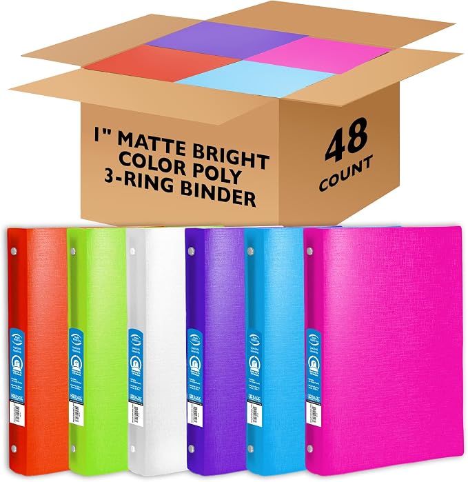 BAZIC Products 1" Bright Color Poly 3-Ring Binder, 1 Pocket, 48-Case | round rings, 1 in bright color poly 3-ring binder, 1 inside pocket, holds up to 175 sheets, Durable poly