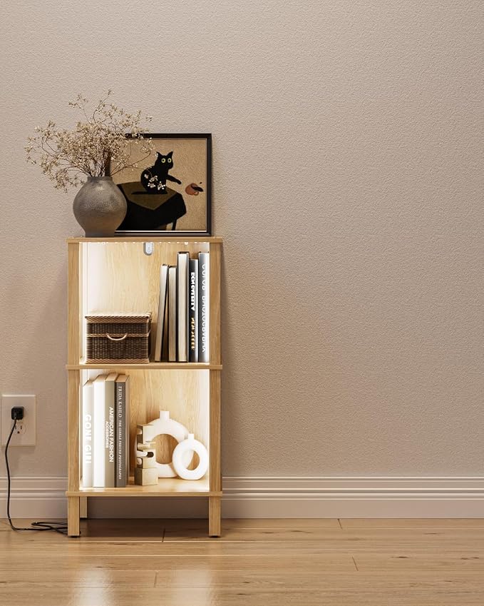 Bookshelf with LED Lights, Modern 2-Tier Bookcase, Open Storage Book Shelf, 11 × 14.2 × 27.4 Inches, Small Narrow Bookshelves for Living Room, Home Office, Bedroom, Natural