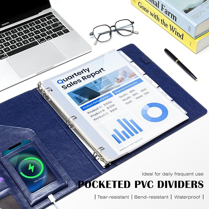 Ospelelf Leather 3 Ring Binder for Letter Size Documents with Durable Pocketed Dividers, Storage Bag & Notepad, 1 Inch Round Rings, Holds 175 Sheets, for Office School Home Organization, Deep Blue