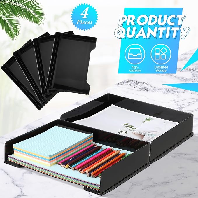 DoubleFill 4 Pcs Stackable Letter Tray Rectangular Plastic Desk Organizer 13 x 9.5 x 2.6 in Paper Holder File Tray Accessories Rack for Desktop Office Desk Drawers (Black)