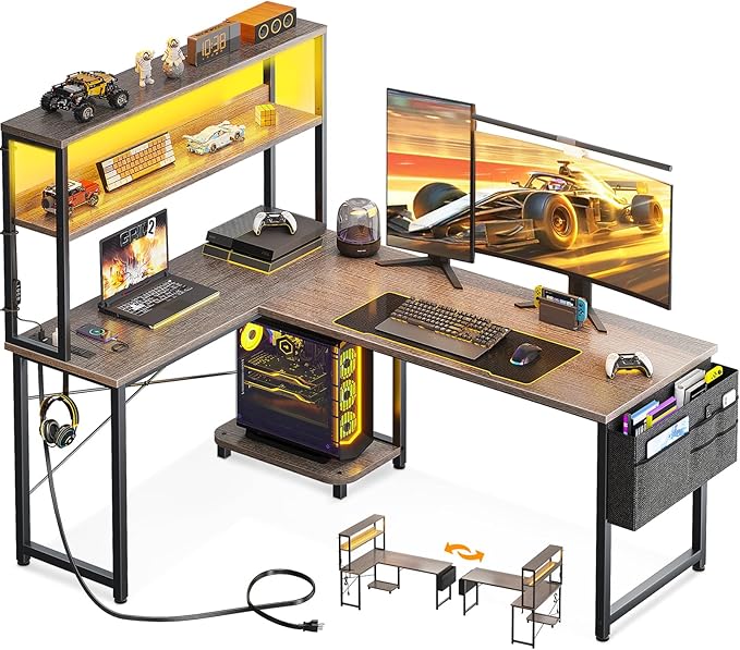 AODK L Shaped Desk Gaming Desk with LED Light & Power Outlet | 53 Inch Grey Oak Reversible L Shaped Computer Table with Shelf & Storage Bag & Hook for Home Office