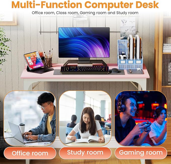 PayLessHere | 39 Inch Computer Desk | Pink | Office Desk with Metal Frame, Adjustable Feet | Water-Resistant, Scratchproof Surface | Sturdy Writing Table for Home Office or Study | Pack of 1