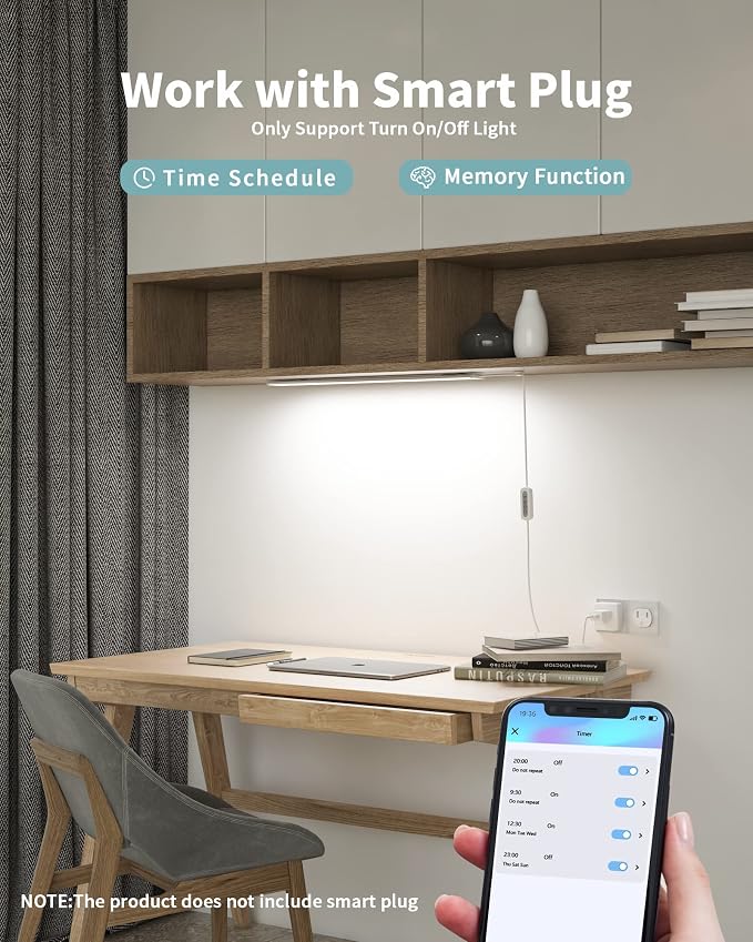 ASOKO Under Desk Light, 16Inch Dimmable LED Under Cabinet Lighting, USB Plug in Cabinet Light for Kitchen/Shelf/Workbench/Cupboard, 3000K/4000K/6000K | ASOKO 16" Under Desk LED Light, 3 Colors Dimmable Plug in Cabinet Light with Memory, Kitchen Workbench