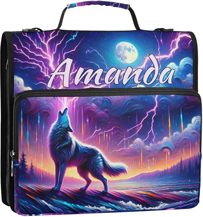 Custom 3 Ring Zipper Binder Galaxy Forest Wolves Personalized Name 1.5 inch Binders Large Capacity Multi Pockets for School Office Supplies