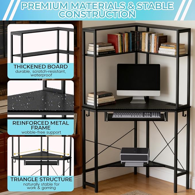 Corner Desk with Hutch and LED Light, Keyboard Tray, Carbon Black